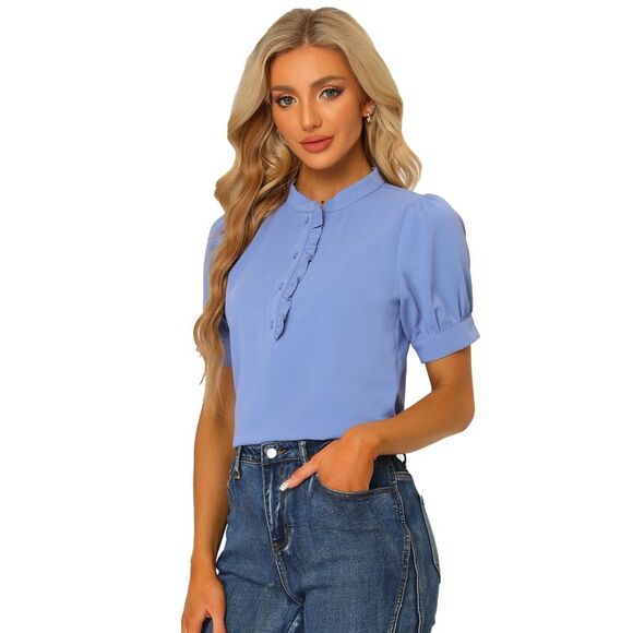 Top Puff Sleeve Half Placket Ruffled Shirt Blouses Blue - Picture 1 of 5